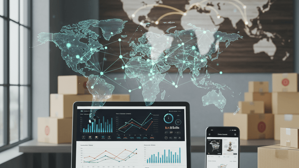 Imagen que ilustra Es viable el dropshipping en 2026, mostrando un escritorio con laptop, gráficos de crecimiento, cajas de envío y una representación de inteligencia artificial, reflejando oportunidades y desafíos del modelo.