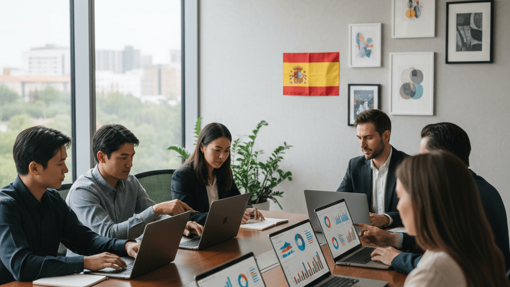 Equipo de especialistas en SEO trabajando en una oficina moderna, simbolizando la Mejor empresa de posicionamiento web en España