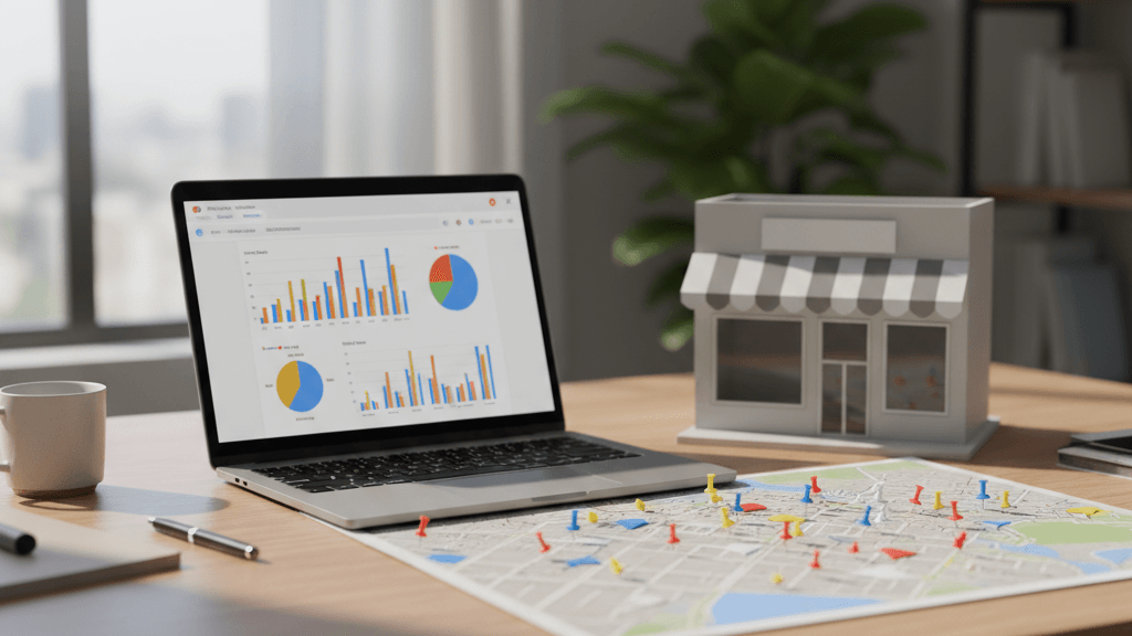 Imagen que muestra a una agencia seo para franquicias trabajando con mapas, análisis de datos y tiendas locales, representando la optimización de búsqueda para redes de franquicias