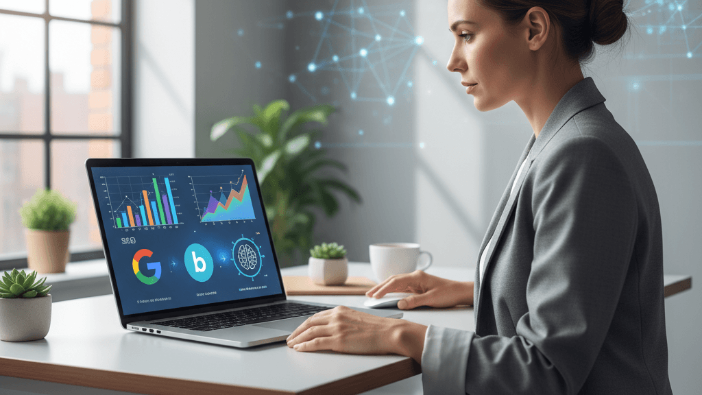 Imagen que ilustra seo posicionamiento buscadores en 2026, con un especialista en marketing digital analizando métricas de SEO en una laptop rodeada de iconos de Google, Bing y motores de IA