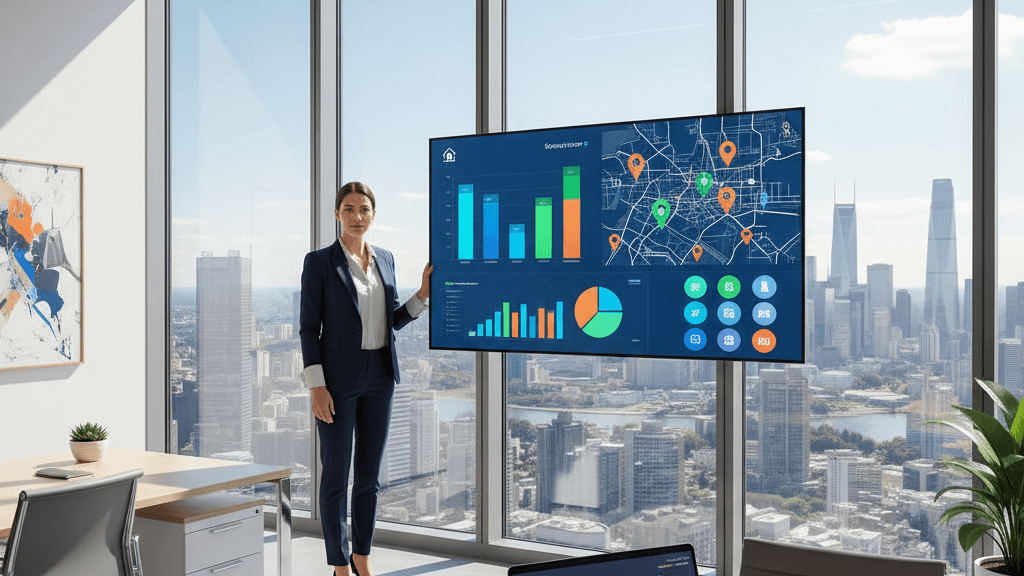 Imagen que muestra cómo aumentar ventas en una inmobiliaria mediante análisis de mercado, SEO local, CRM, automatización y herramientas de IA, con un agente inmobiliario revisando gráficos digitales y un entorno de oficina moderna.