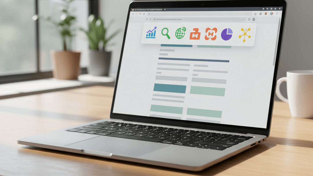 Imagen que muestra un portátil con el navegador abierto y varias extensiones de SEO activas, ilustrando herramientas de análisis y optimización para mejorar el posicionamiento web
