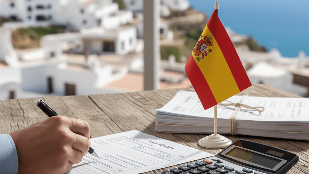 Imagen que muestra una mano firmando un formulario del Impuesto de donaciones Almería con fondo de la costa almeriense, calculadora y documentos legales