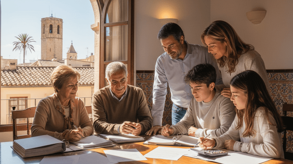 Imagen de una familia valenciana revisando documentos de herencia que ilustra el Impuesto de sucesiones Valencia y sus beneficios fiscales