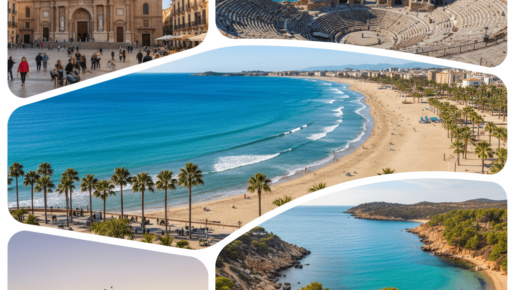 Imagen que muestra qué ver en murcia y alrededores en tres días: monumentos históricos de Murcia, teatro romano de Cartagena, playas de La Manga, Castillo de la Mota en Lorca y paisajes naturales de Calblanque