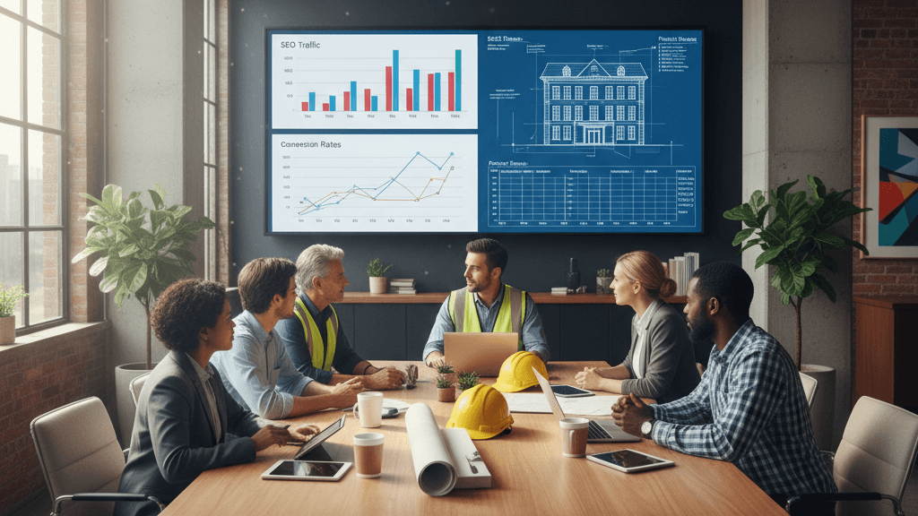 Equipo de marketing analizando datos de seo para empresas de reformas con gráficos y planos de construcción en una oficina moderna