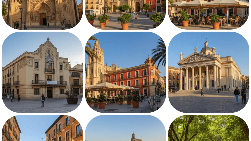 Imagen que muestra los principales lugares que ver en Murcia, como la Catedral, el Casino, la Plaza del Cardenal Belluga, el Teatro Romea, la Plaza de las Flores, los puentes sobre el Segura y los Jardines del Malecón, ideal para buscar Qué ver en Murcia