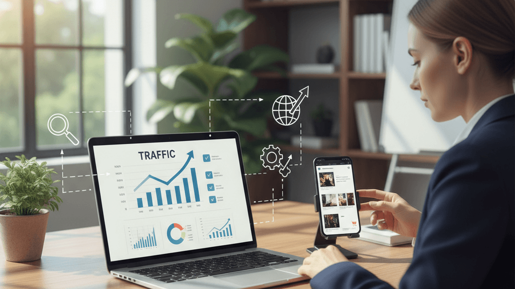 Imagen que muestra una agencia seo para ecommerce trabajando en la optimización de una tienda online, con gráficos de crecimiento y dispositivos móviles