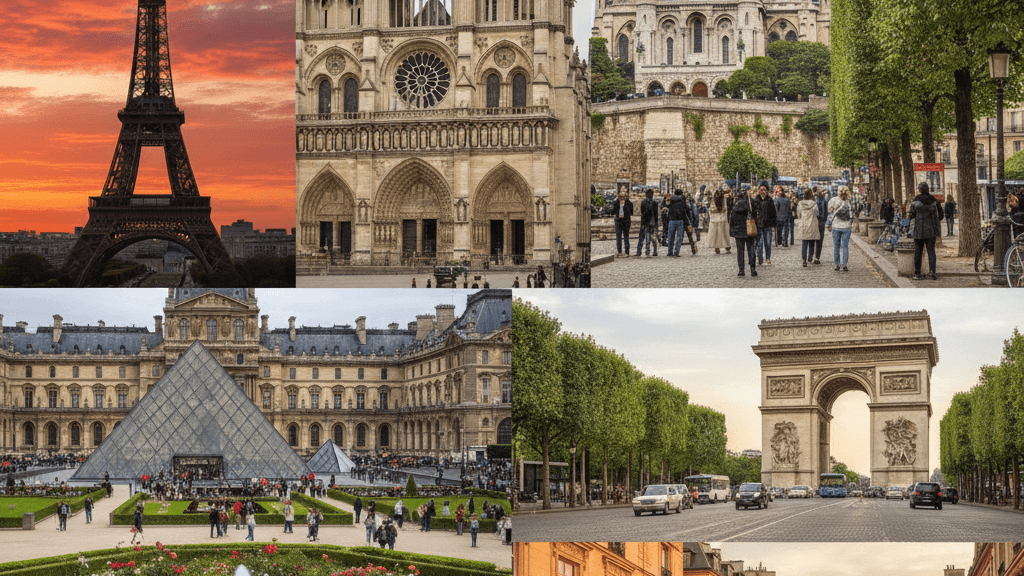 Collage de los principales lugares que debes visitar en París, Qué ver en Paris, con la Torre Eiffel, el Louvre, Notre‑Dame, Montmartre, Jardines de Luxemburgo y el Arco de Triunfo