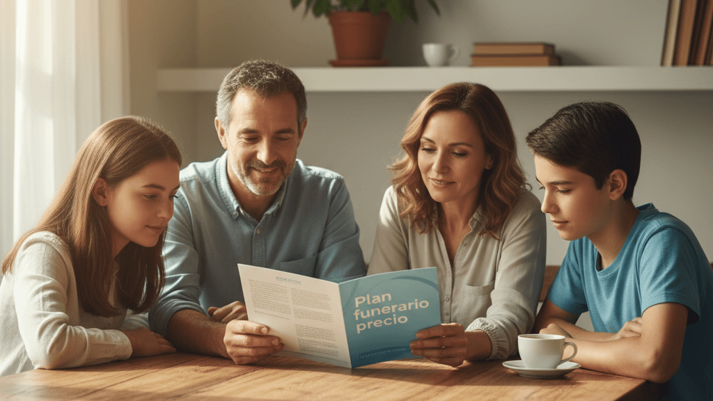 Imagen de una familia revisando un folleto con el título Plan funerario precio, simbolizando la elección de un plan funerario económico y confiable en España
