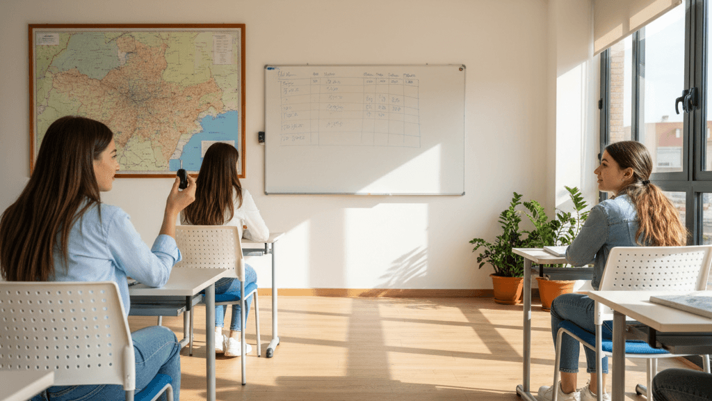 Imagen que muestra el precio autoescuela en murcia con una aula de conducción, mapa local y estudiante, ilustrando la información sobre tarifas de carnet en 2026