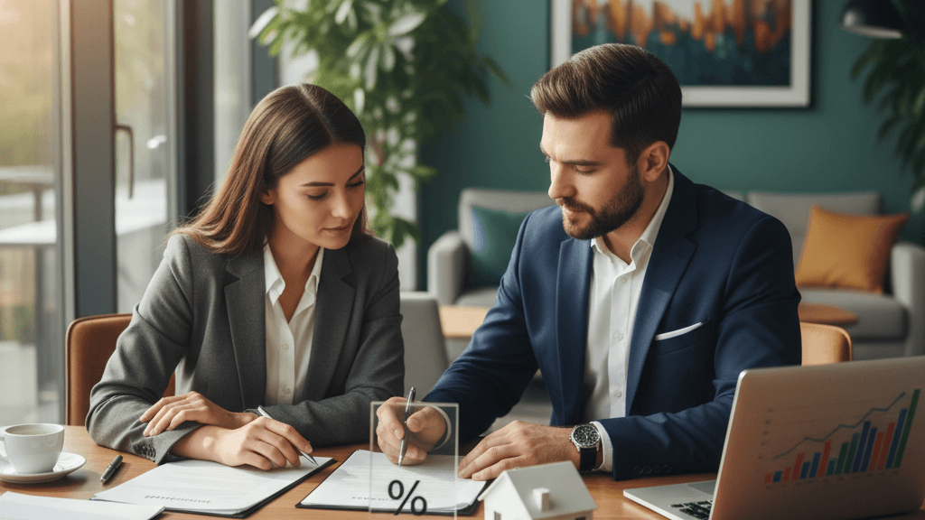 Imagen que representa el Precio justo de una inmobiliaria, con un agente inmobiliario y un propietario revisando una comisión equilibrada en una oficina moderna