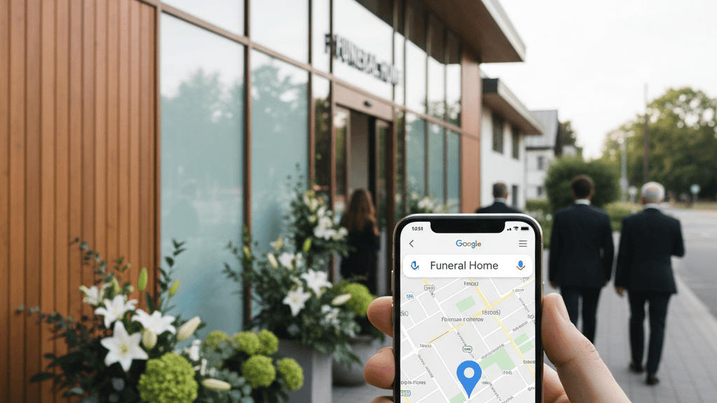 Imagen que muestra una funeraria con su ubicación resaltada en Google Maps, destacando la importancia de contratar una Agencia SEO para funerarias y mejorar la visibilidad online para familias que buscan servicios funerarios.