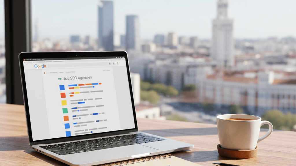Imagen que ilustra las Mejores agencias SEO en Madrid, mostrando una pantalla con resultados de búsqueda, una lista de criterios y el horizonte de la ciudad, representando la selección de la agencia ideal para tu negocio.