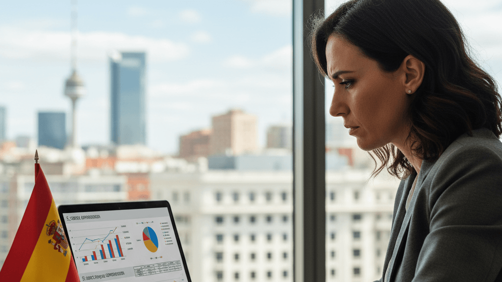 Mejores agencias de SEO de España: imagen que muestra a un profesional analizando datos de SEO en un portátil con la bandera española y el skyline de Madrid, simbolizando el ranking de agencias líderes en 2026