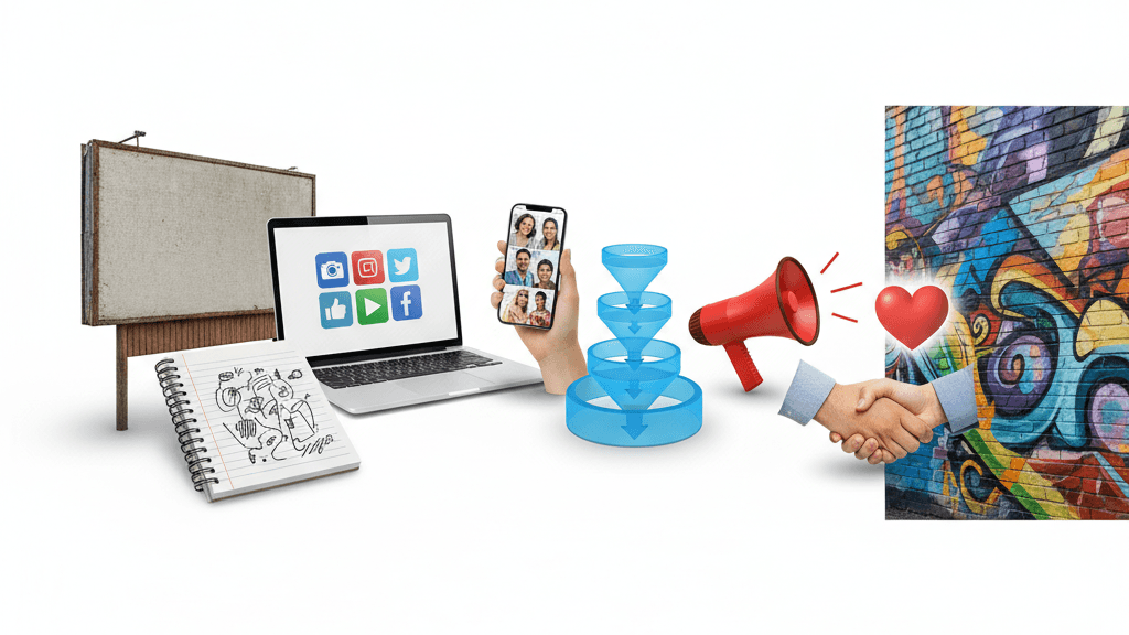 Imagen que ilustra los diferentes Tipos de Marketing, desde el tradicional hasta el digital, de contenidos, influencers, inbound, outbound, relacional, emocional y guerrilla, mostrando ejemplos visuales de cada estrategia.