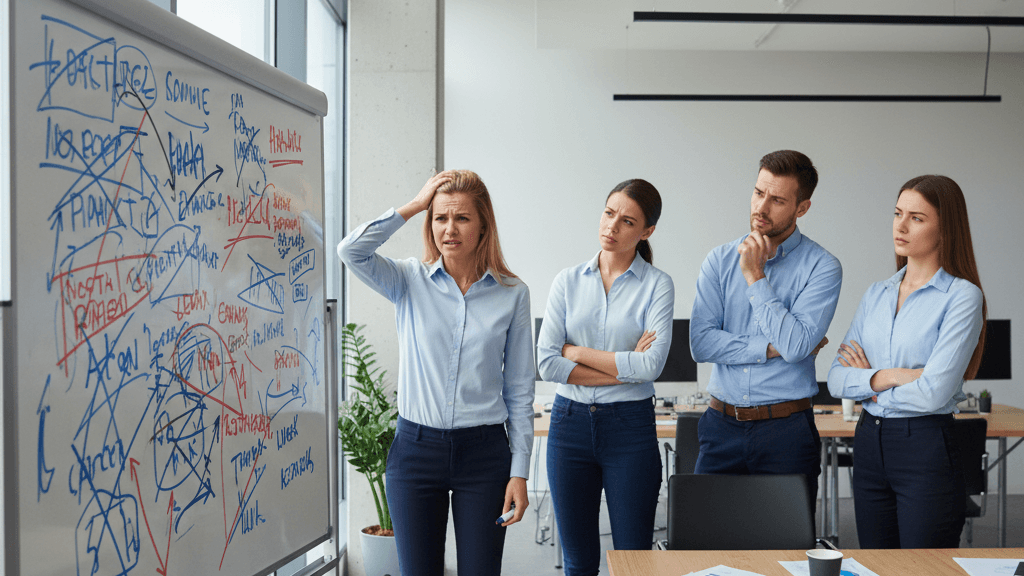 Imagen que representa los errores de marketing más comunes, con un equipo de trabajo confundido frente a una pizarra llena de estrategias equivocadas, simbolizando problemas de segmentación, objetivos y análisis.