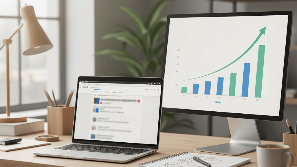Imagen que ilustra cómo posicionar una web en Google sin pagar publicidad, con una laptop mostrando resultados de búsqueda, gráficos de crecimiento y notas de palabras clave, representando una estrategia SEO orgánica