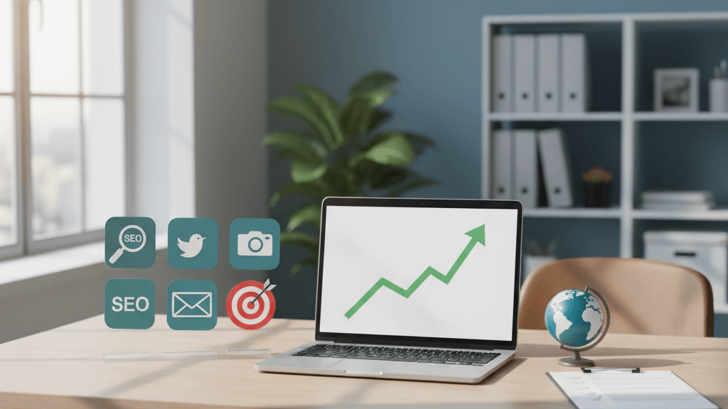 Imagen que ilustra cómo crecer un negocio online desde cero, mostrando una computadora con gráficos de crecimiento, iconos de SEO, redes sociales y una estrategia digital