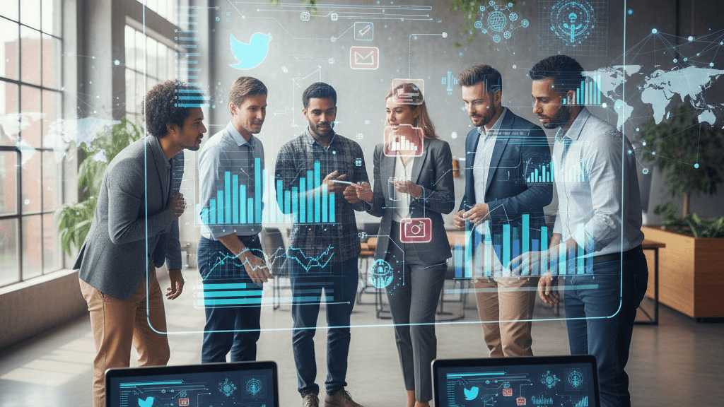 Imagen que muestra equipos de trabajo diseñando campañas de marketing con herramientas digitales, IA y canales omnicanal, reflejando tendencias de 2026