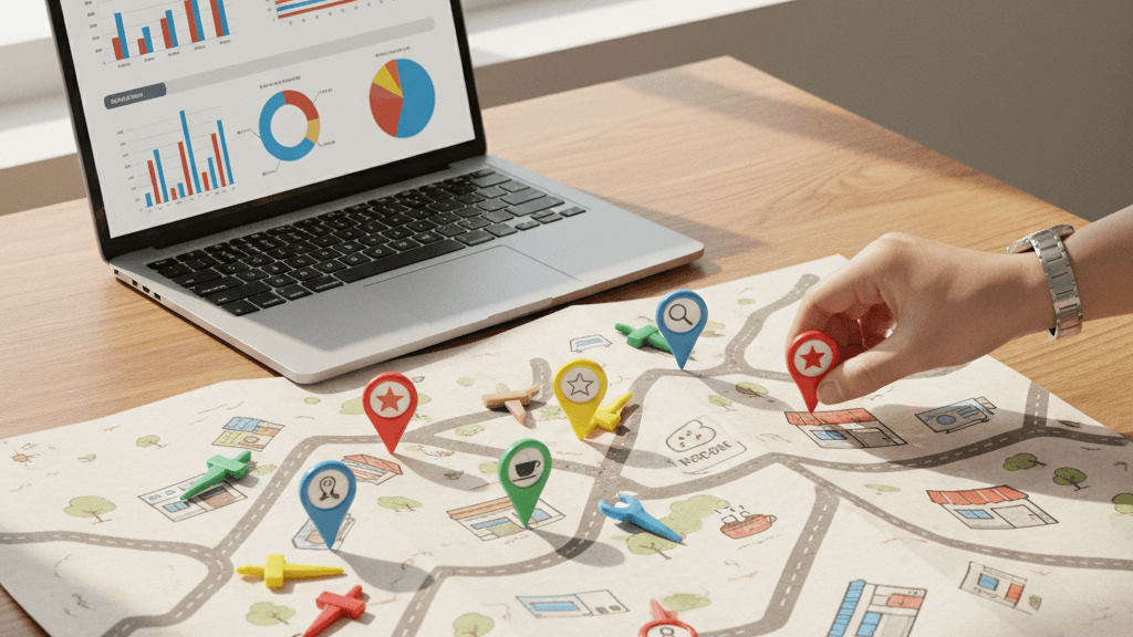 Imagen que representa SEO para negocios locales que quieren crecer, con un mapa de la ciudad, íconos de tiendas locales y gráficos de análisis que simbolizan la optimización local