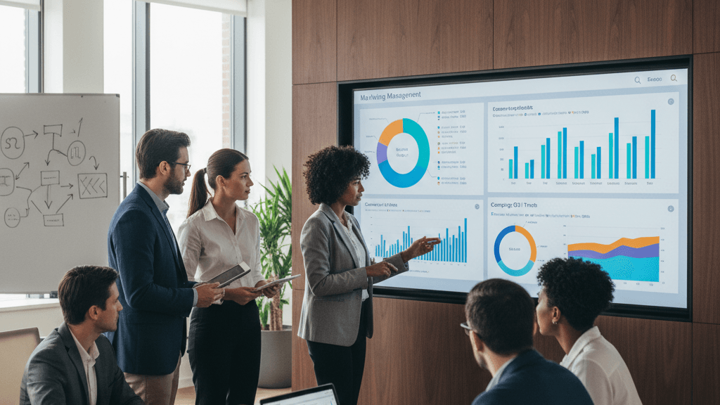 Imagen que muestra a un equipo de marketing analizando datos y métricas en un panel digital, ilustrando el concepto de marketing management analytics para la toma de decisiones estratégicas.
