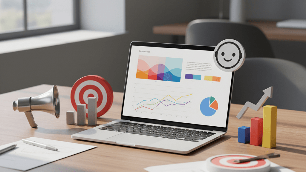 Imagen que muestra Chatgpt Ads generando anuncios publicitarios con IA, pantalla de ordenador con texto de anuncio, gráficos y símbolos de marketing, ideal para explicar su funcionamiento