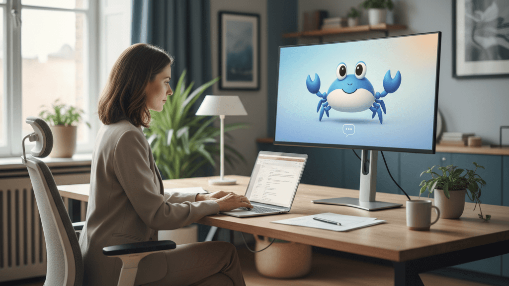 Imagen que ilustra Clawdbot qué es, mostrando un chatbot inteligente en la pantalla de un ordenador que ayuda a la atención al cliente de negocios digitales