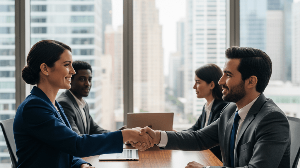 Imagen de un Closer de ventas negociando y cerrando un contrato con un cliente satisfecho, mostrando confianza, profesionalismo y resultados positivos