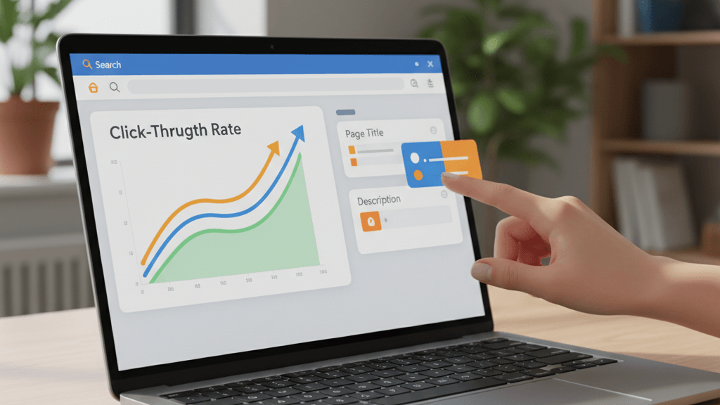 Imagen que muestra Como aumentar el CTR en Search console, con la pantalla de Google Search Console resaltando un gráfico de CTR ascendente y ejemplos de títulos y meta descripciones optimizados