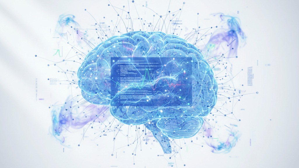 Imagen que representa el concepto de Qué es LLM, mostrando una red neuronal visualizada como un cerebro digital con nodos interconectados y pantallas de datos, ilustrando su uso en inteligencia artificial.