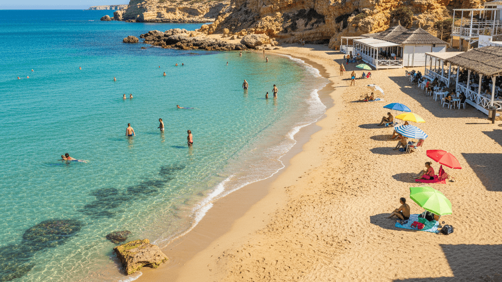 Vista panorámica de las mejores playas de cadiz con arena dorada y aguas cristalinas
