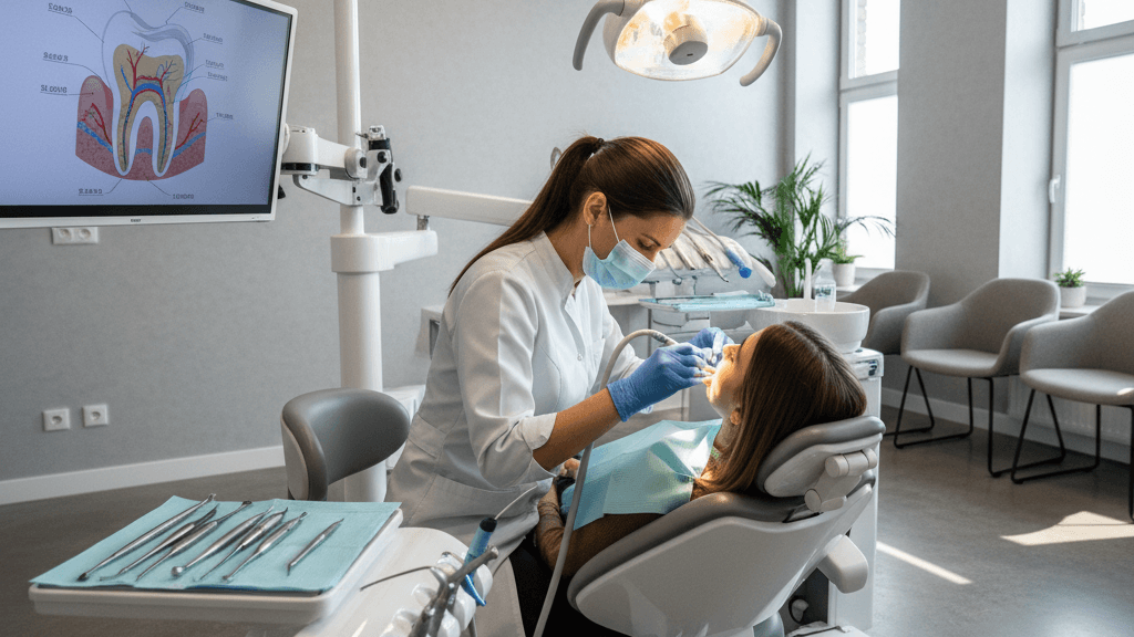 Imagen de un dentista realizando una endodoncia en un diente con instrumentos modernos, mostrando la clínica dental y el proceso de tratamiento