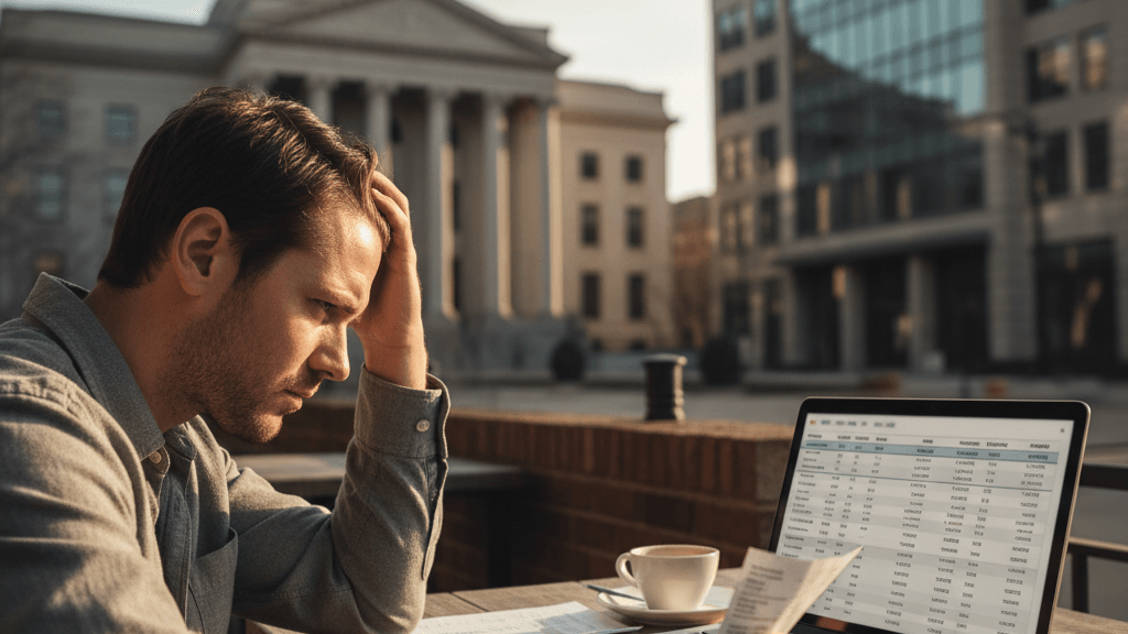 Ilustración de una persona preocupada revisando su cuenta bancaria en una computadora, simbolizando la situación en la que te pueden embargar todo el dinero de la cuenta, con un edificio judicial y una sucursal bancaria al fondo