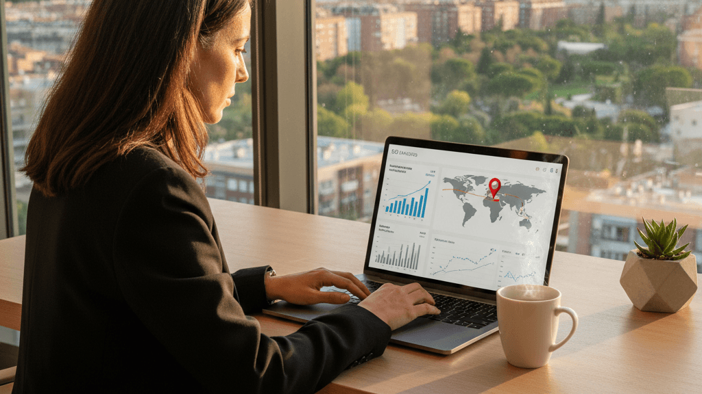 Imagen de un especialista en marketing analizando datos de posicionamiento y gráficos de SEO con el skyline de Majadahonda, representando el Mejor seo en majadahonda​