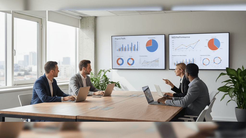 Imagen que muestra a la Mejor agencia seo ecommerce analizando datos de SEO para una tienda online, con expertos frente a pantallas y gráficos que impulsan las ventas.