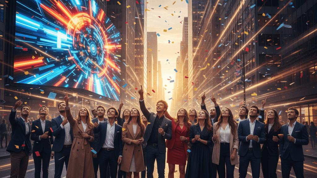 Imagen que muestra el concepto de hyped marketing con personas entusiasmadas frente a un cartel brillante que genera expectativa y conversación alrededor de una marca