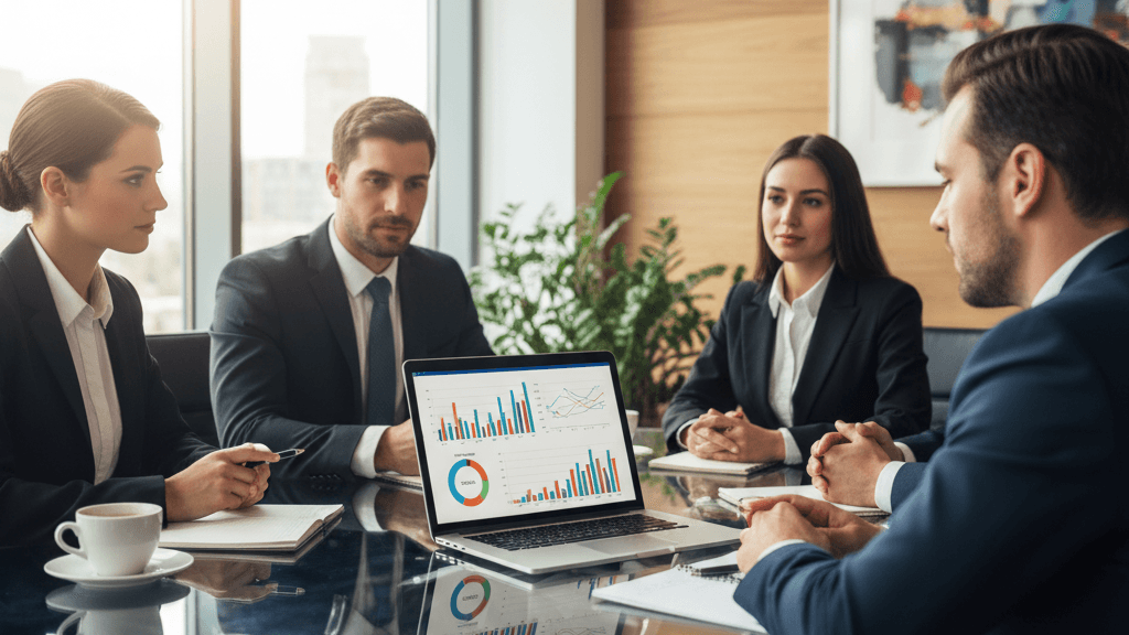 Equipo de profesionales analizando la solución de gestión financiera Sale rentable Base 44 en una oficina moderna, con pantalla de laptop mostrando datos financieros.