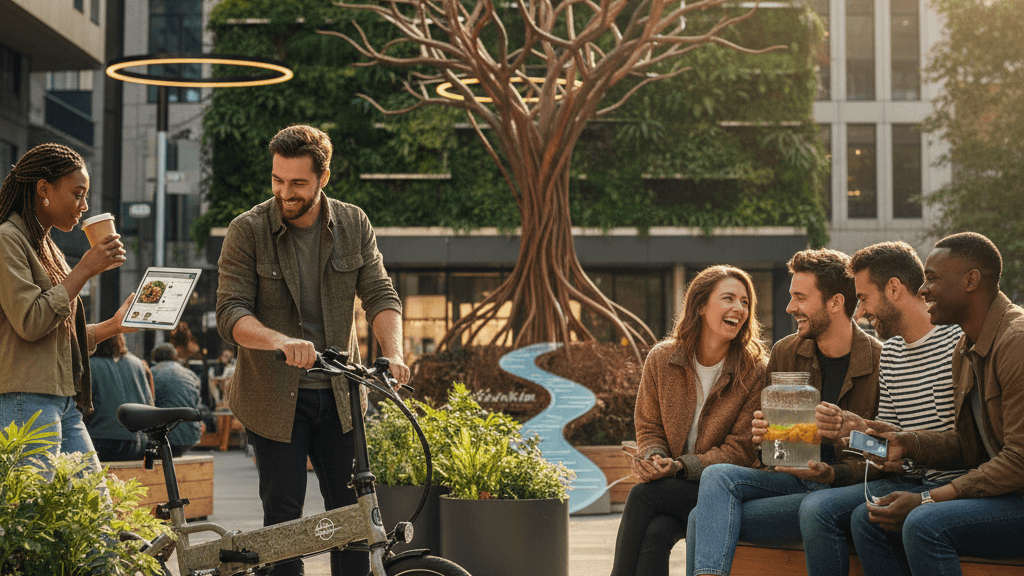 Imagen que ilustra el consumer impact marketing mostrando consumidores comprometidos con marcas responsables en un entorno cotidiano, reflejando el impacto positivo y la conexión auténtica entre la marca y el cliente