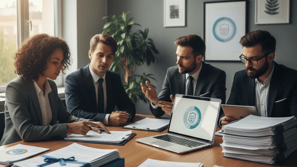 Imagen que ilustra que es la razon social de una empresa, mostrando documentos legales y emprendedores revisando la razón social en una oficina