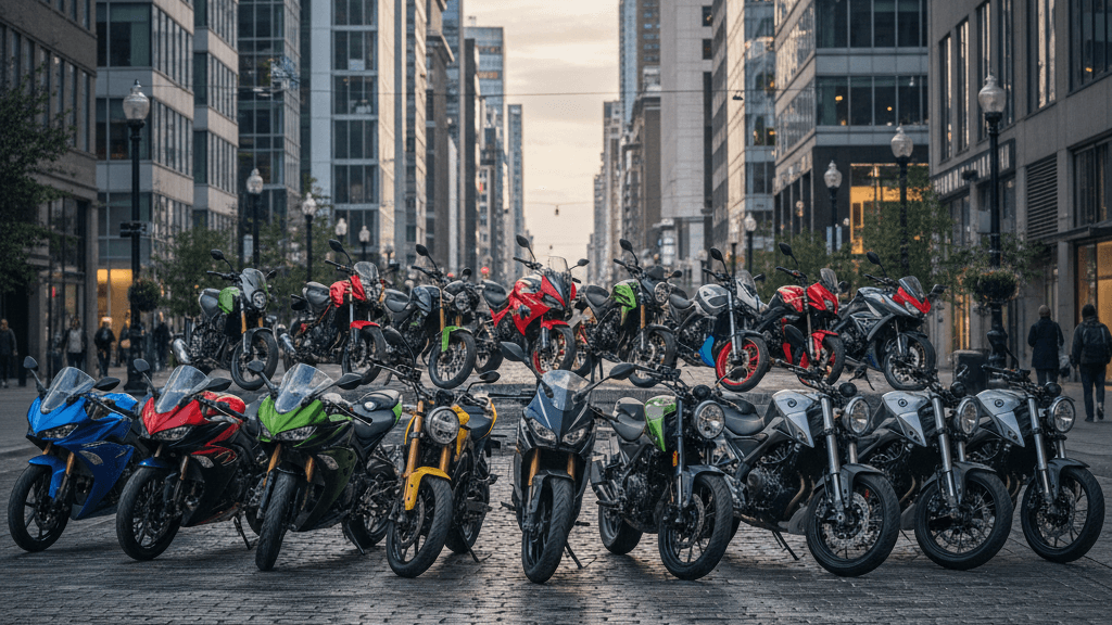 Imagen que muestra las mejores motos 125 en una composición de modelos deportivos, naked, trail y urbanos, resaltando sus diseños modernos para ayudar a elegir la moto ideal