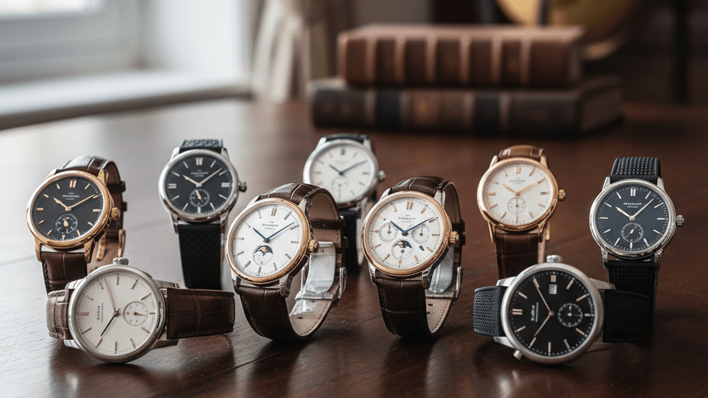 Imagen que muestra una selección de relojes de lujo de las mejores marcas de relojes, con modelos suizos y japoneses sobre una elegante mesa de madera, resaltando la calidad y el estilo.