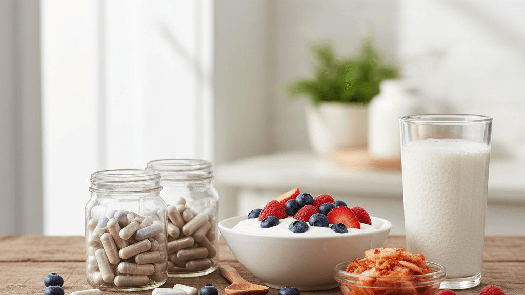 Imagen de suplementos probióticos y alimentos fermentados que ilustra los mejores probioticos para mejorar la salud intestinal