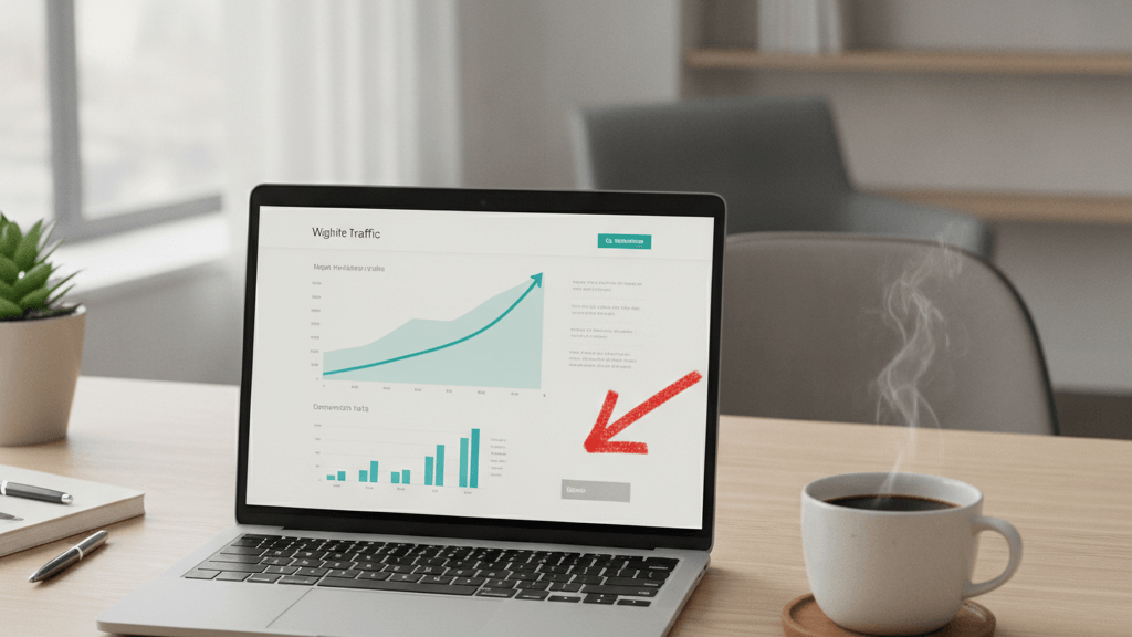 Imagen que muestra un escritorio con portátil y un panel de análisis web que revela tráfico alto pero pocas oportunidades de venta, resaltando la falta de llamadas a la acción y la necesidad de optimizar la conversión