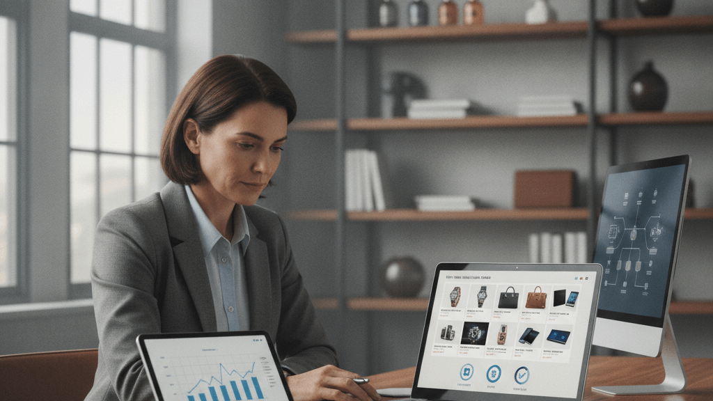 Imagen de un comprador analizando productos con ticket alto en un entorno profesional, con símbolos de confianza como insignias y gráficos que resaltan la decisión de compra de alto valor