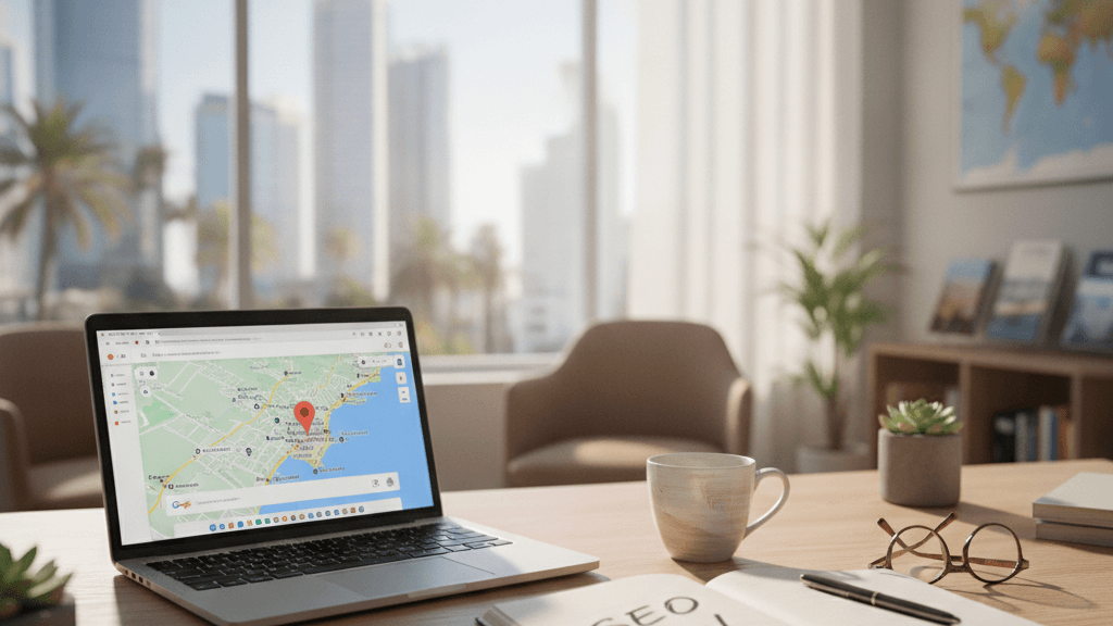 Imagen que ilustra SEO local para negocios turísticos, mostrando una oficina con laptop, mapa y elementos que representan la optimización local en el sector de viajes.